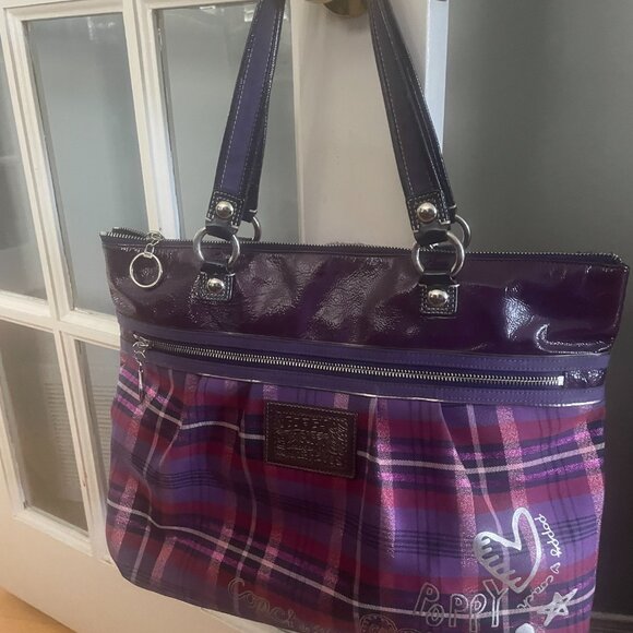 COACH Poppy Plaid Glam Tote Purple red Patent leather trim Bag - Picture 3 of 14